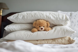 teddy bear hiding in pillow