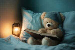 teddy bear reading a book in the bed